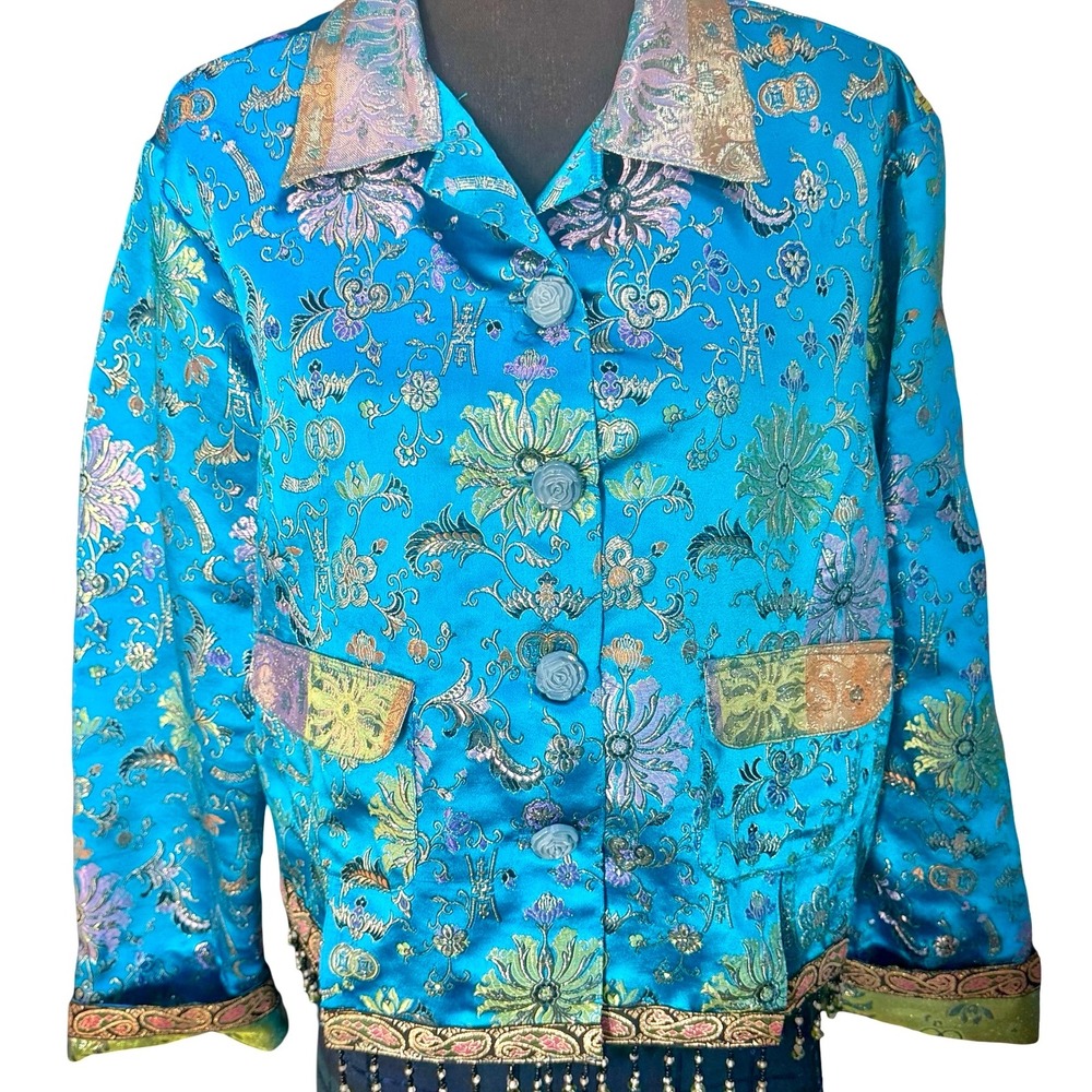 My Boyfriend's Back Brocade Jacket‎ Teal Asian Floral Beaded Trim L Art to Wear